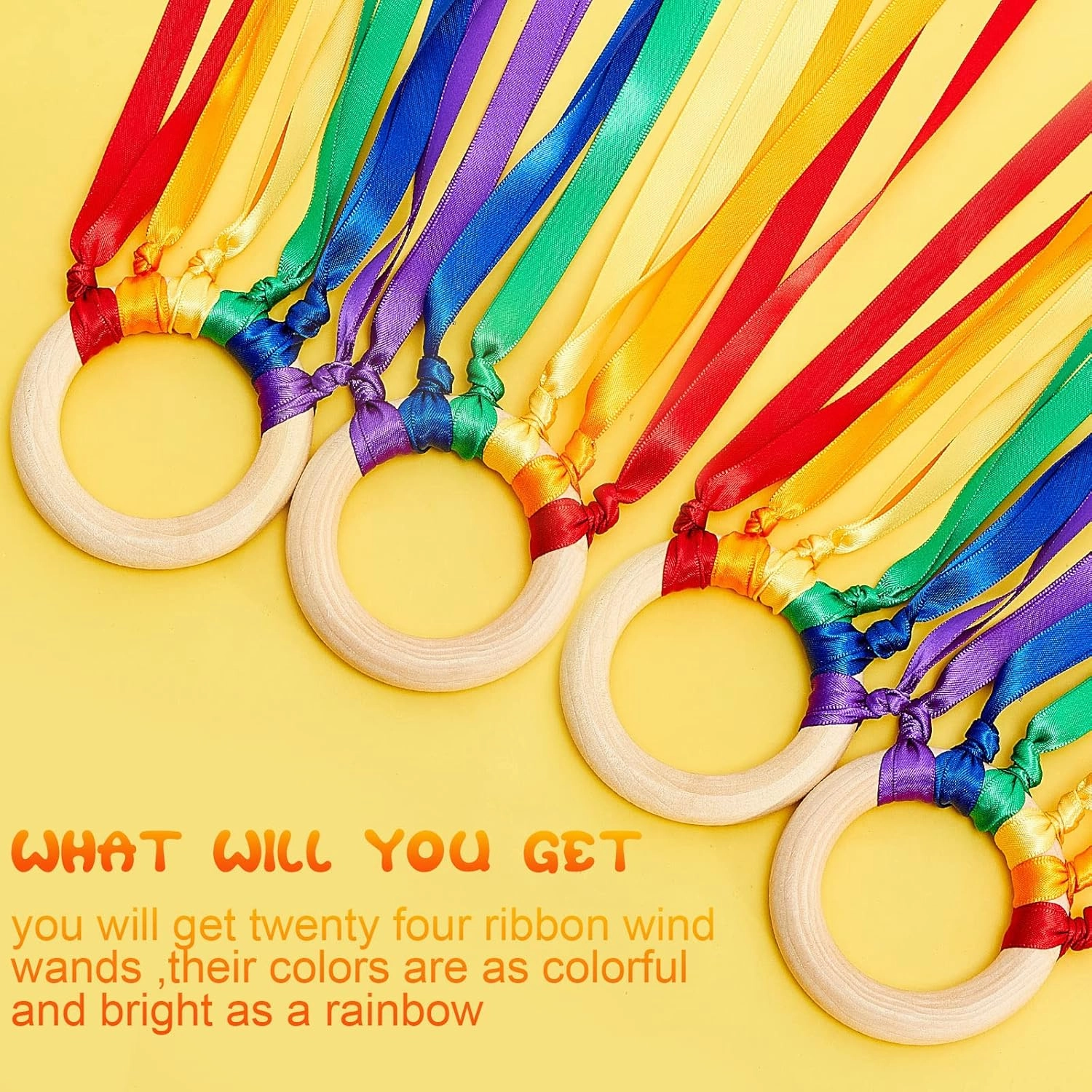 Junkin Rainbow Hand Kite Waldorf Toys Creative Dancing Ribbon Streamer with Wood Ring Wrist Sensory Learning Educational Toys for Playroom Dancing Birthday Party Gift(Bright Color,24 Pcs)