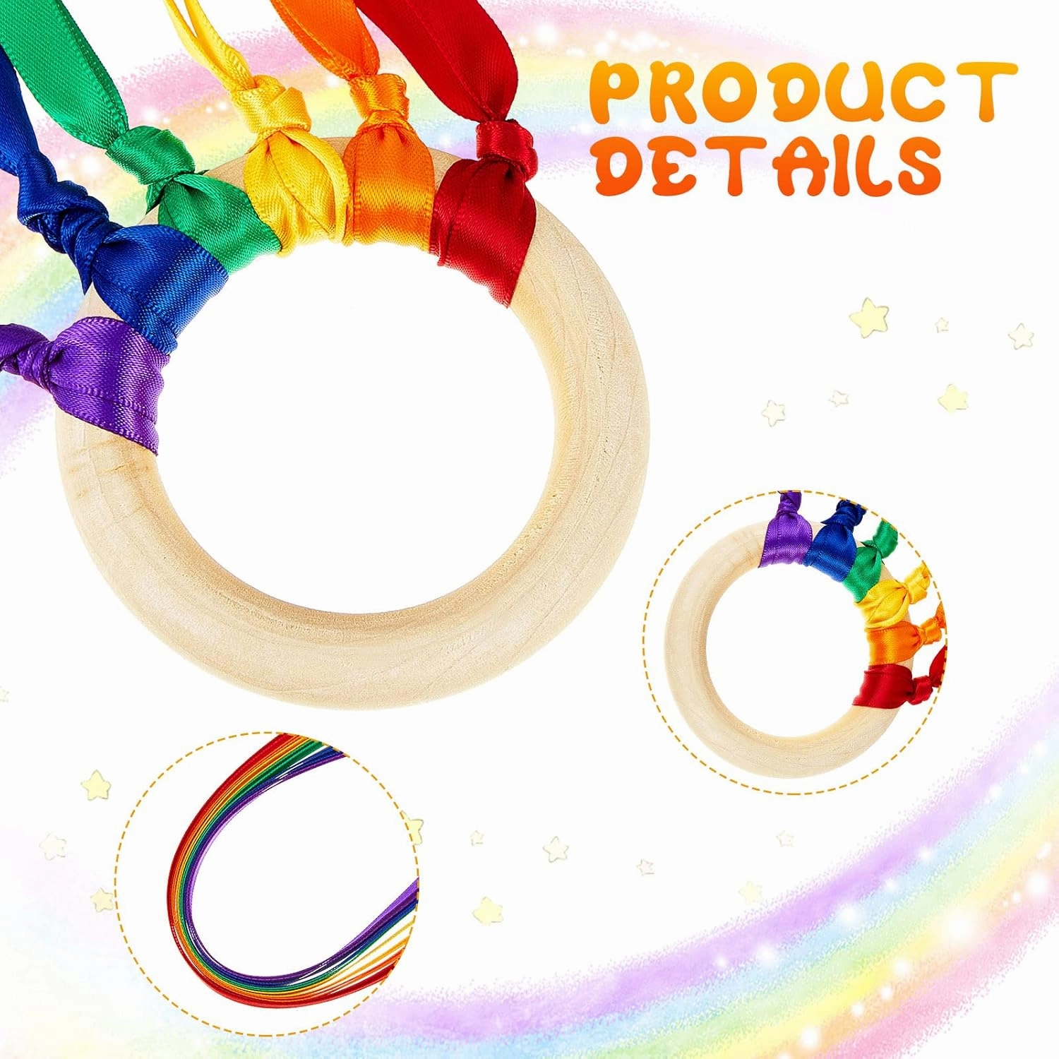 Junkin Rainbow Hand Kite Waldorf Toys Creative Dancing Ribbon Streamer with Wood Ring Wrist Sensory Learning Educational Toys for Playroom Dancing Birthday Party Gift(Bright Color,24 Pcs)