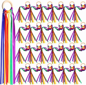 Junkin Rainbow Hand Kite Waldorf Toys Creative Dancing Ribbon Streamer with Wood Ring Wrist Sensory Learning Educational Toys for Playroom Dancing Birthday Party Gift(Bright Color,24 Pcs)