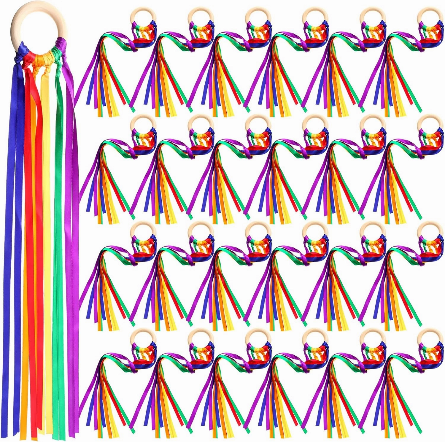 Junkin Rainbow Hand Kite Waldorf Toys Creative Dancing Ribbon Streamer with Wood Ring Wrist Sensory Learning Educational Toys for Playroom Dancing Birthday Party Gift(Bright Color,24 Pcs)