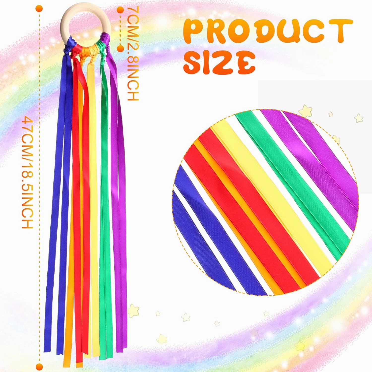 Junkin Rainbow Hand Kite Waldorf Toys Creative Dancing Ribbon Streamer with Wood Ring Wrist Sensory Learning Educational Toys for Playroom Dancing Birthday Party Gift(Bright Color,24 Pcs)