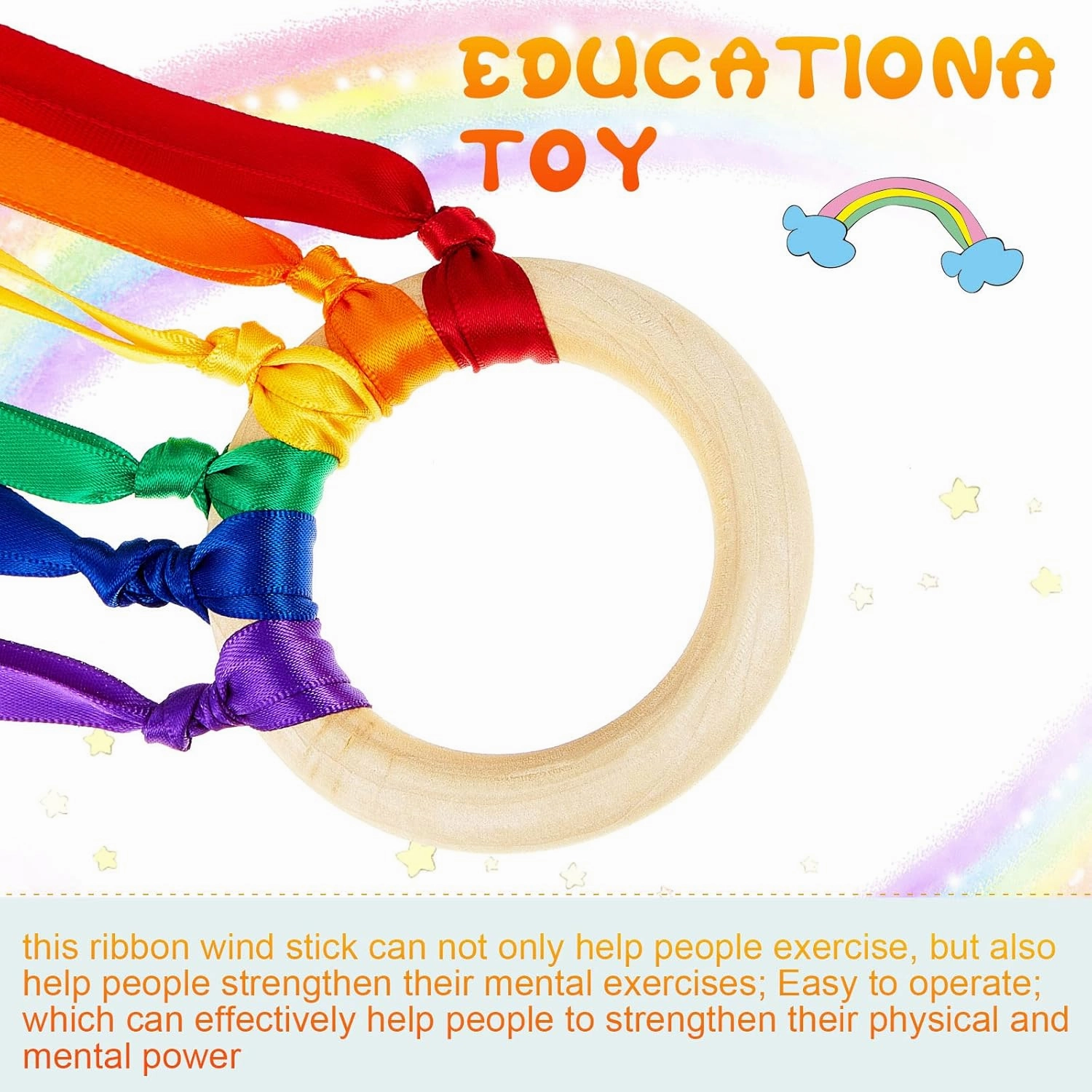 Junkin Rainbow Hand Kite Waldorf Toys Creative Dancing Ribbon Streamer with Wood Ring Wrist Sensory Learning Educational Toys for Playroom Dancing Birthday Party Gift(Bright Color,24 Pcs)