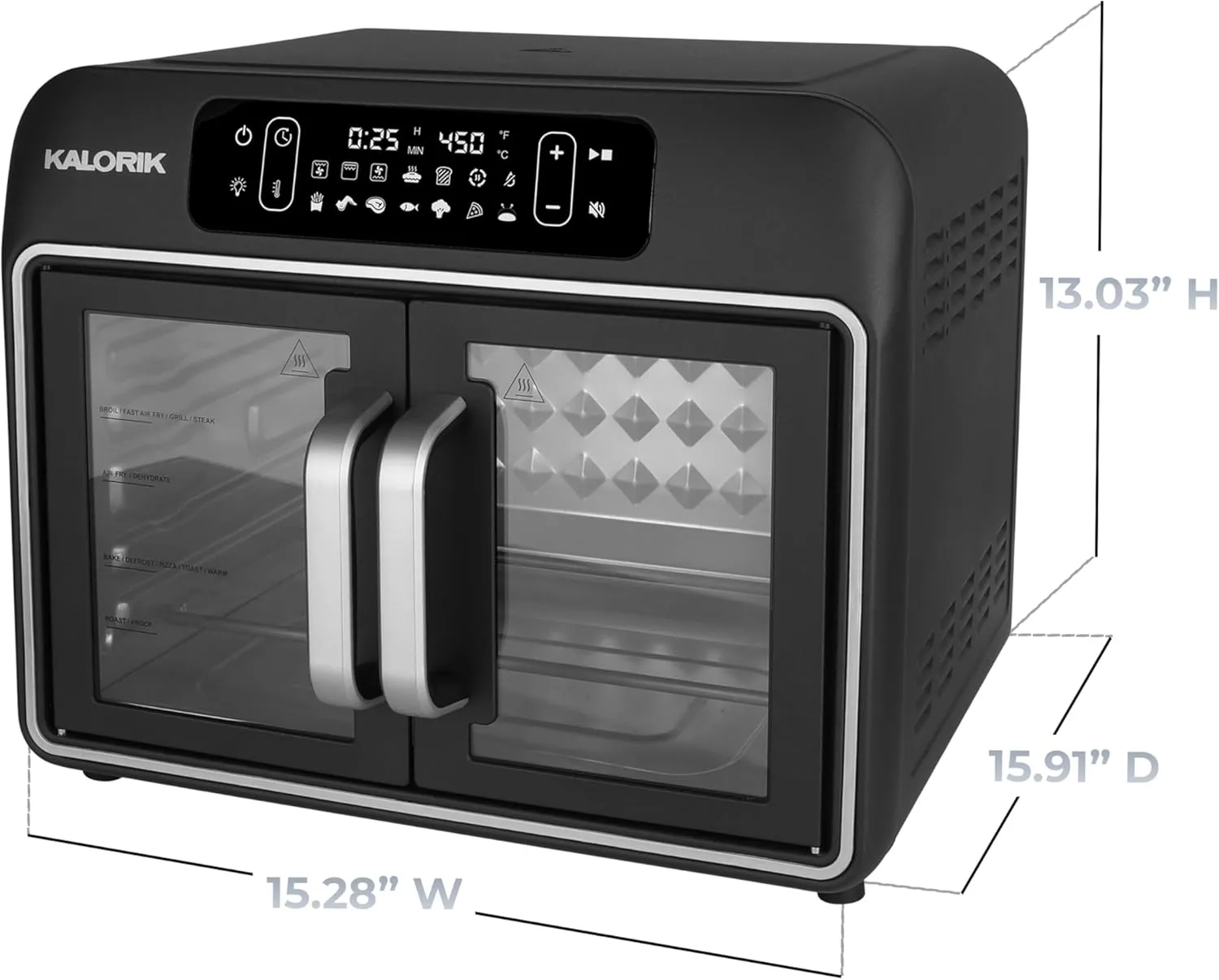 Kalorik Air Fryer Convection Oven Designer Series 26-Quart with Dual Speed Fan Easy Pull French Doors and 14 Smart Cooking Presets, Includes 5 Cooking Accessories, 1700-Watts, Black