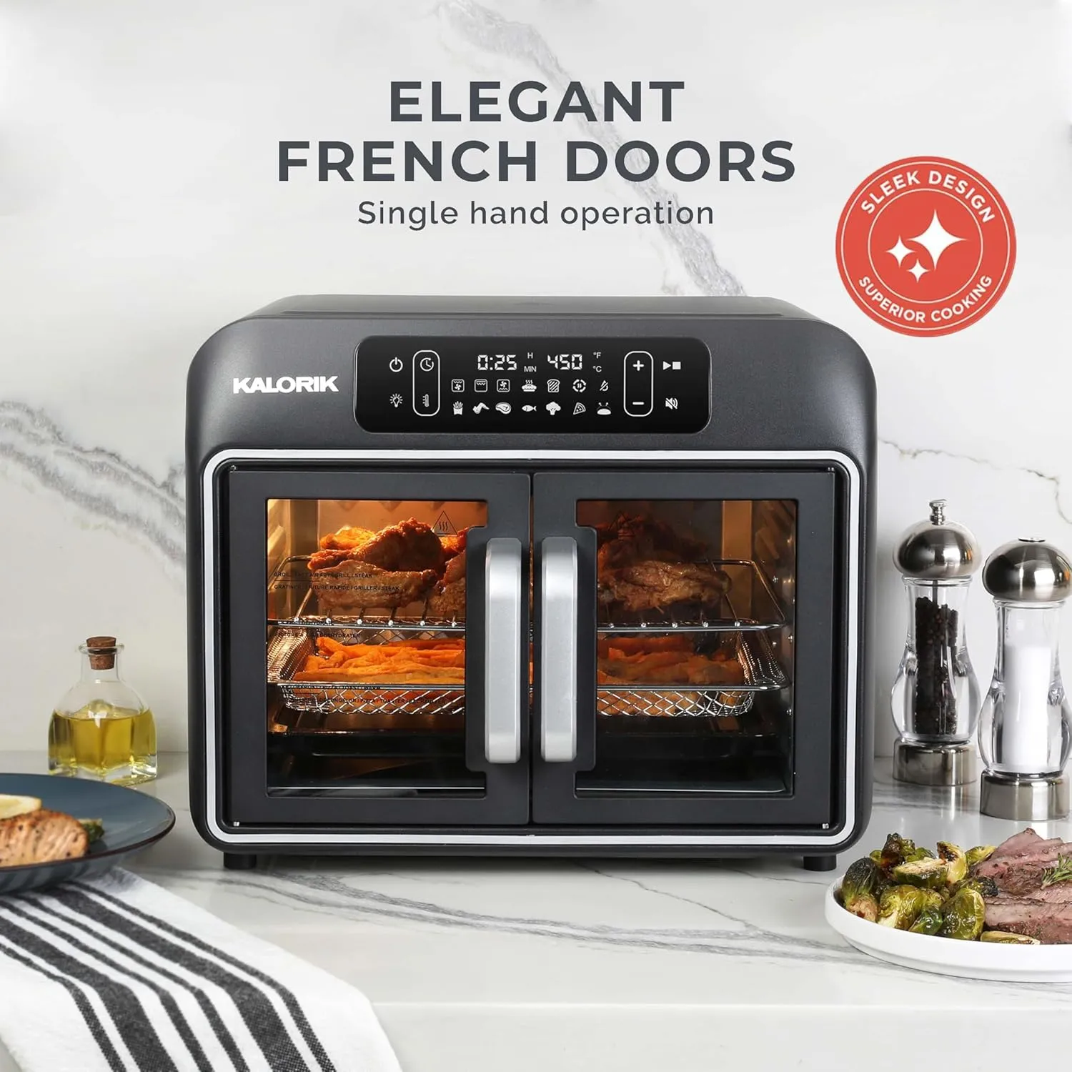 Kalorik Air Fryer Convection Oven Designer Series 26-Quart with Dual Speed Fan Easy Pull French Doors and 14 Smart Cooking Presets, Includes 5 Cooking Accessories, 1700-Watts, Black