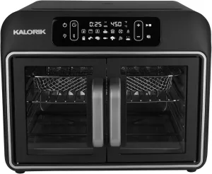 Kalorik Air Fryer Convection Oven Designer Series 26-Quart with Dual Speed Fan Easy Pull French Doors and 14 Smart Cooking Presets, Includes 5 Cooking Accessories, 1700-Watts, Black