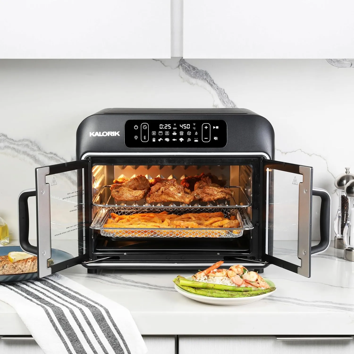 Kalorik Air Fryer Convection Oven Designer Series 26-Quart with Dual Speed Fan Easy Pull French Doors and 14 Smart Cooking Presets, Includes 5 Cooking Accessories, 1700-Watts, Black