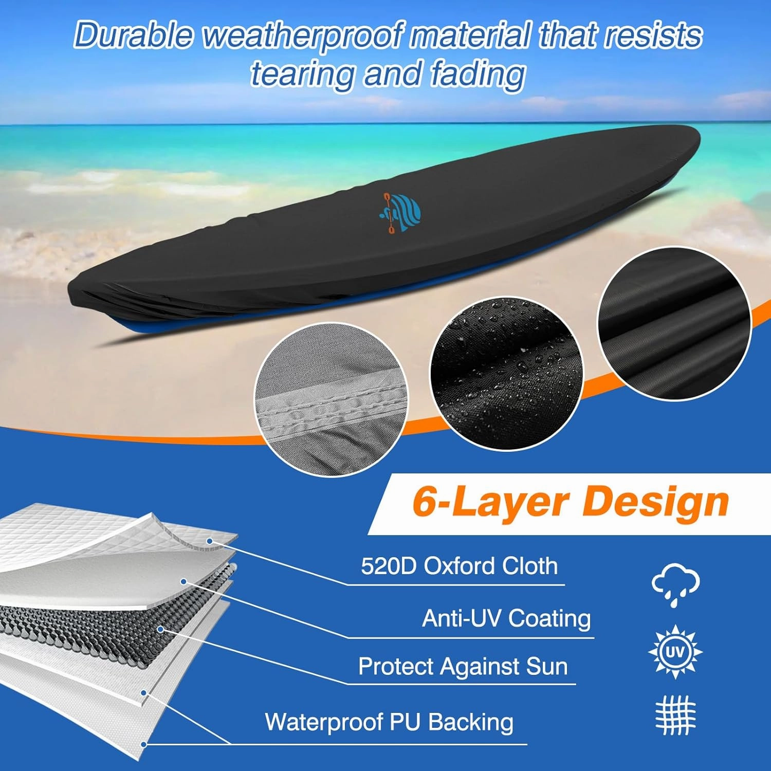 Kayak Cover,420D Kayak Canoe Cover for Outdoor Storage Heavy Duty & Waterproof, Fade-Resistant, Fits Canoe, Paddle Board, SUP, and Kayak Boat