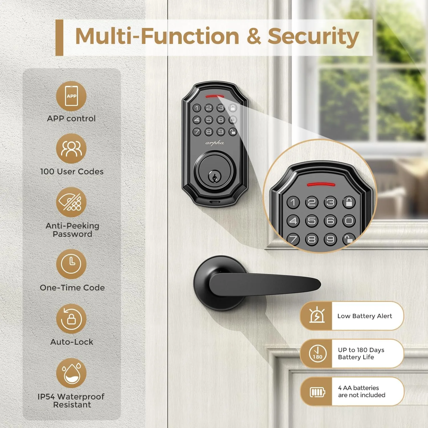 Keyless Entry Door Lock With 2 Handle Set - App Control Electronic Keypad - 100 Code Capacity - Front Door Set - One Time Code - Auto Lock Easy Installation