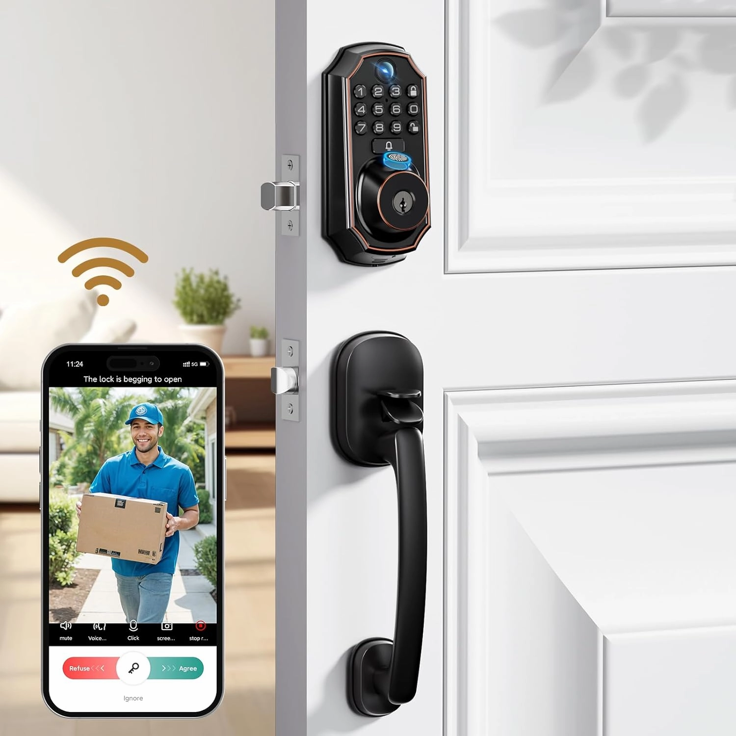 Keyless Entry Deadbolt with Handle Set - WiFi Smart Lock with Camera, 5-in-1 Camera Doorbell Fingerprint Keypad, App Control, Auto Lock, Easy Install, Waterproof for Front Door