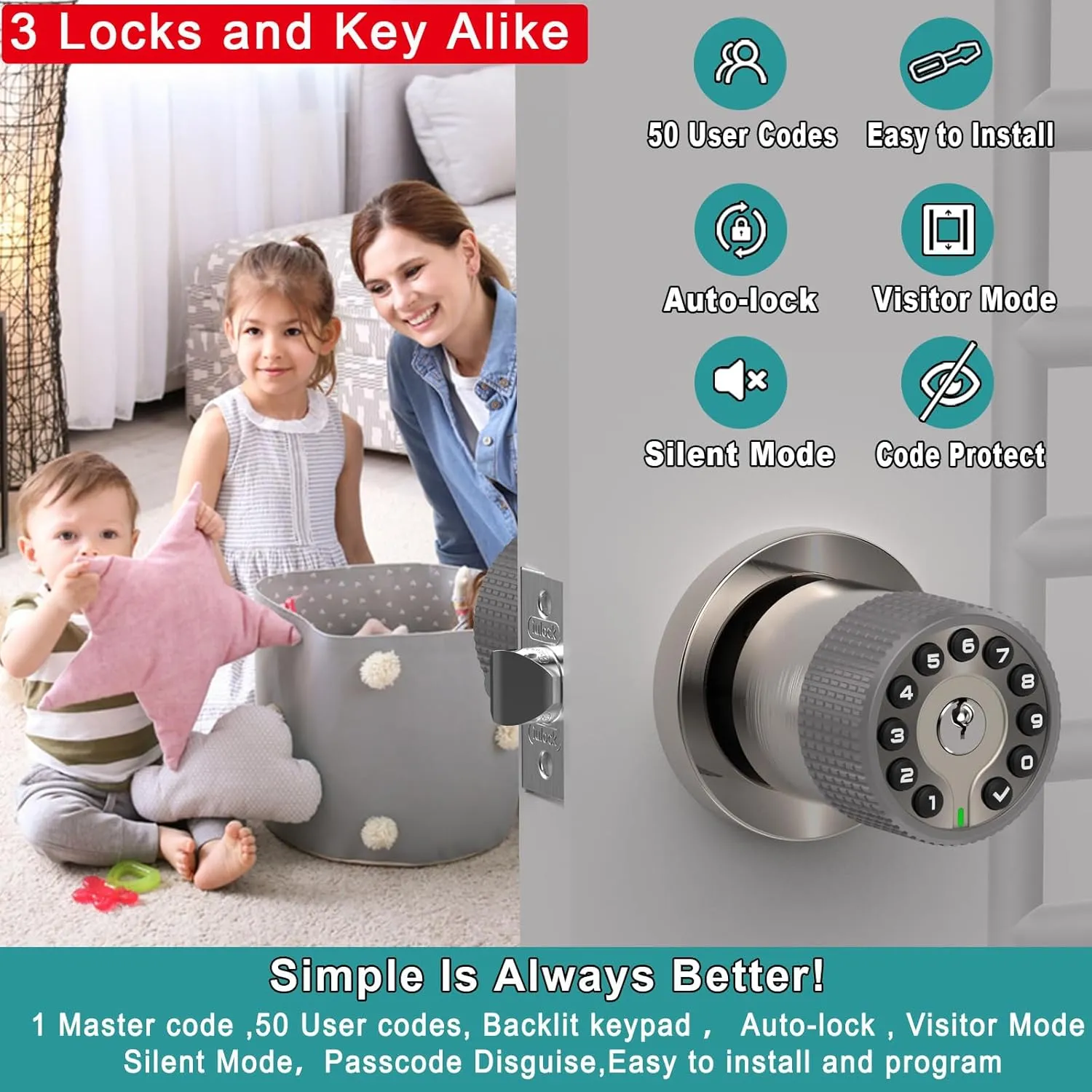 Keypad Door Knob with Key,Keyless Entry Door Lock, Code Locks Door Knob, Auto Lock,50 User Code,Easy to Install,for Home,Office,Hotel,Bedroom,Garage,No Deadbolt(3 Pack Nickel Key Alike)