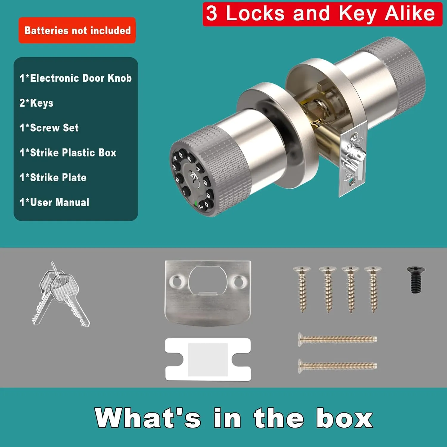 Keypad Door Knob with Key,Keyless Entry Door Lock, Code Locks Door Knob, Auto Lock,50 User Code,Easy to Install,for Home,Office,Hotel,Bedroom,Garage,No Deadbolt(3 Pack Nickel Key Alike)