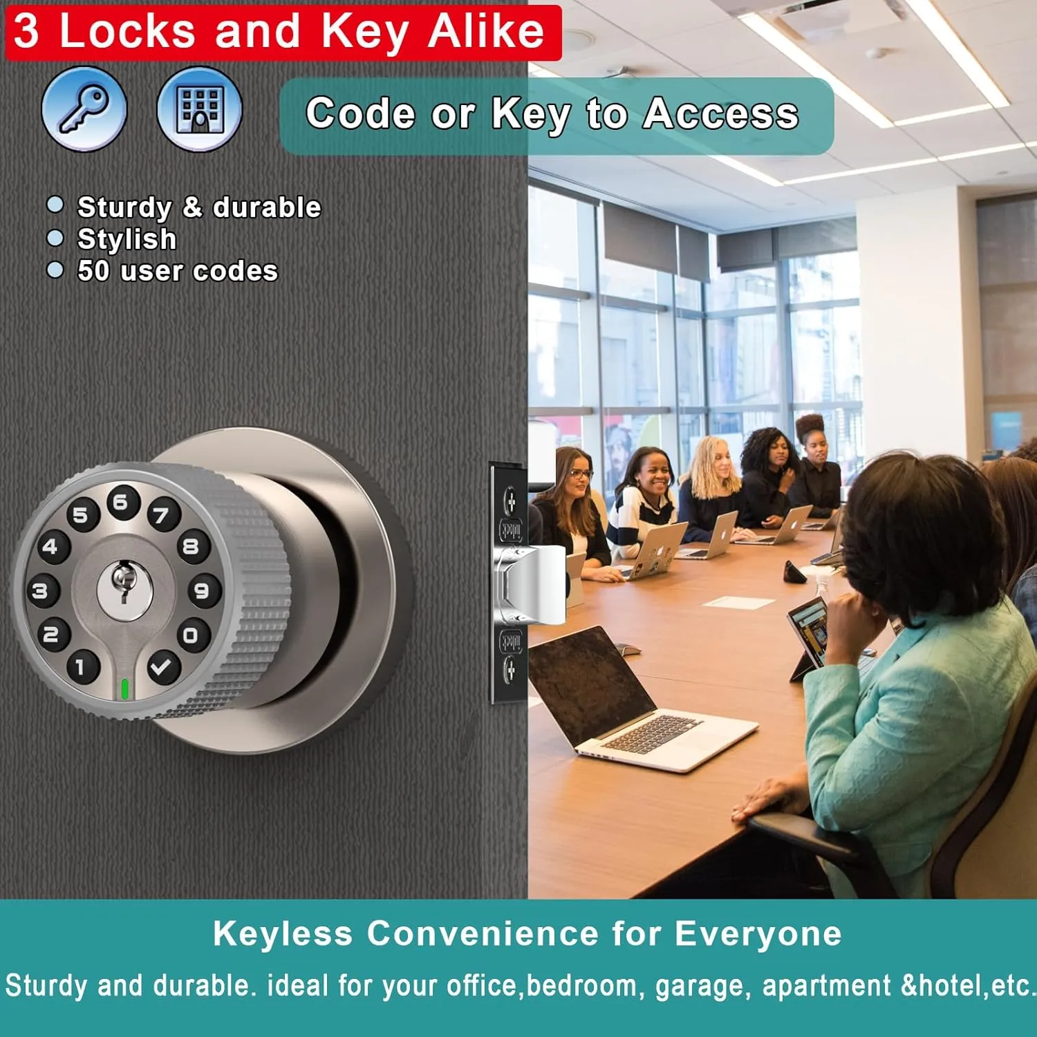 Keypad Door Knob with Key,Keyless Entry Door Lock, Code Locks Door Knob, Auto Lock,50 User Code,Easy to Install,for Home,Office,Hotel,Bedroom,Garage,No Deadbolt(3 Pack Nickel Key Alike)