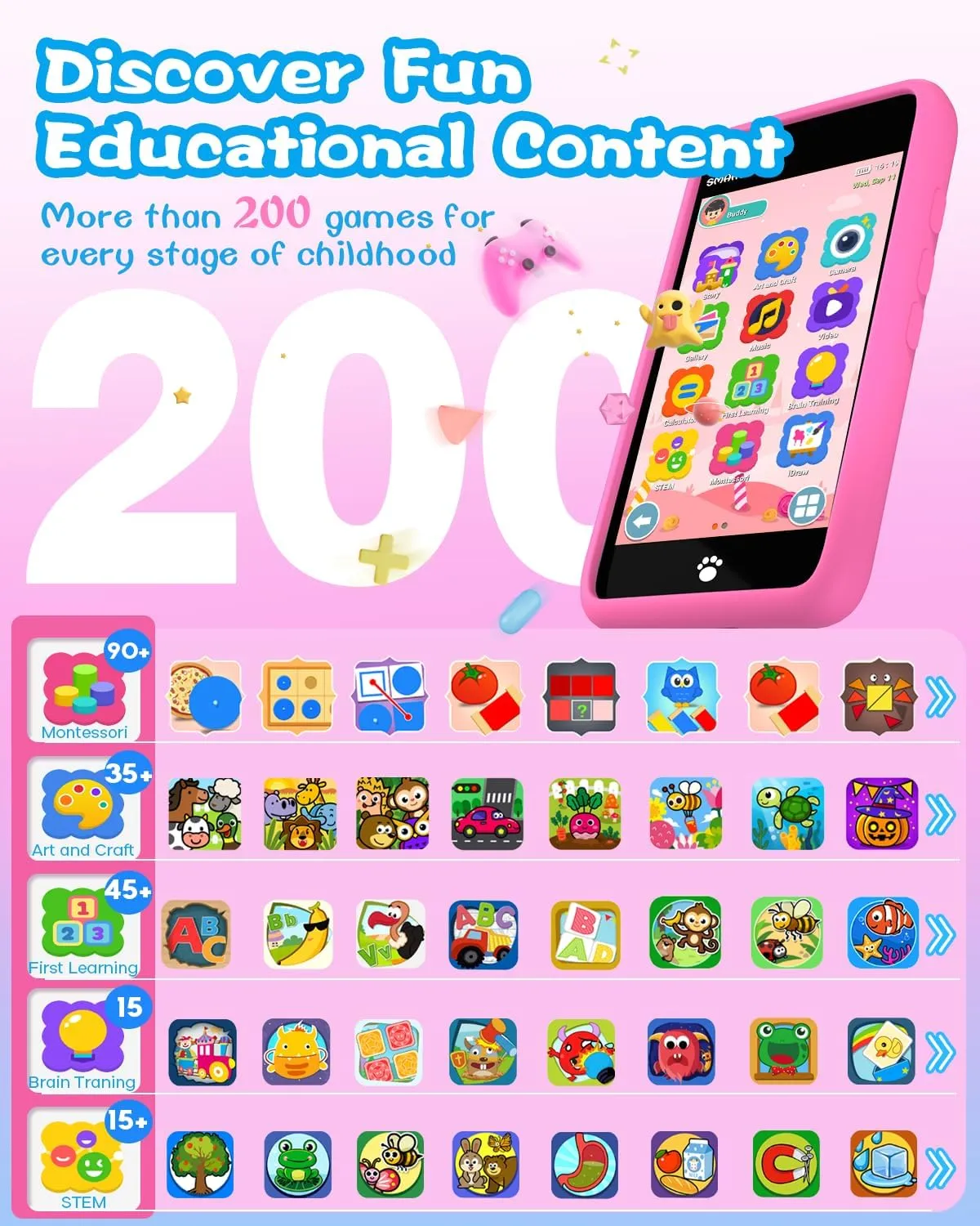 Kids Toys Smart Phone, Girls Toys with 3.97" Touchscreen Phone, Birthday Gift for Kids Age 3-12, Toddler Toys Learning Smartphone, 16 GB Storage Cell Phone with Front Camera (No Dual Camera)