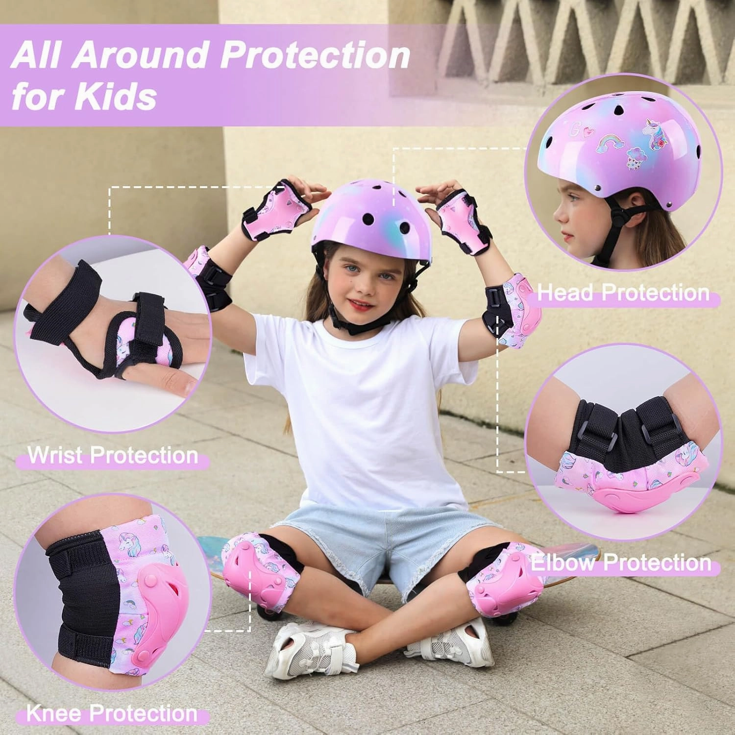 Kids Helmet, Toddler Bike Helmet with DIY Stickers Unicorn Knee Pads and Elbow Pads Set Adjustable Protective Gear Set for Girls Age 3-5-8 Years fit Roller Skates, Bicycle, Skateboarding, Scooter
