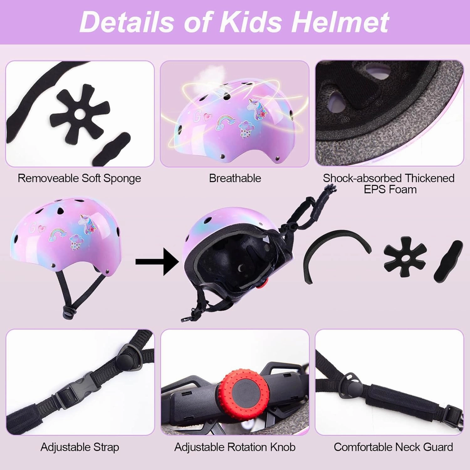 Kids Helmet, Toddler Bike Helmet with DIY Stickers Unicorn Knee Pads and Elbow Pads Set Adjustable Protective Gear Set for Girls Age 3-5-8 Years fit Roller Skates, Bicycle, Skateboarding, Scooter