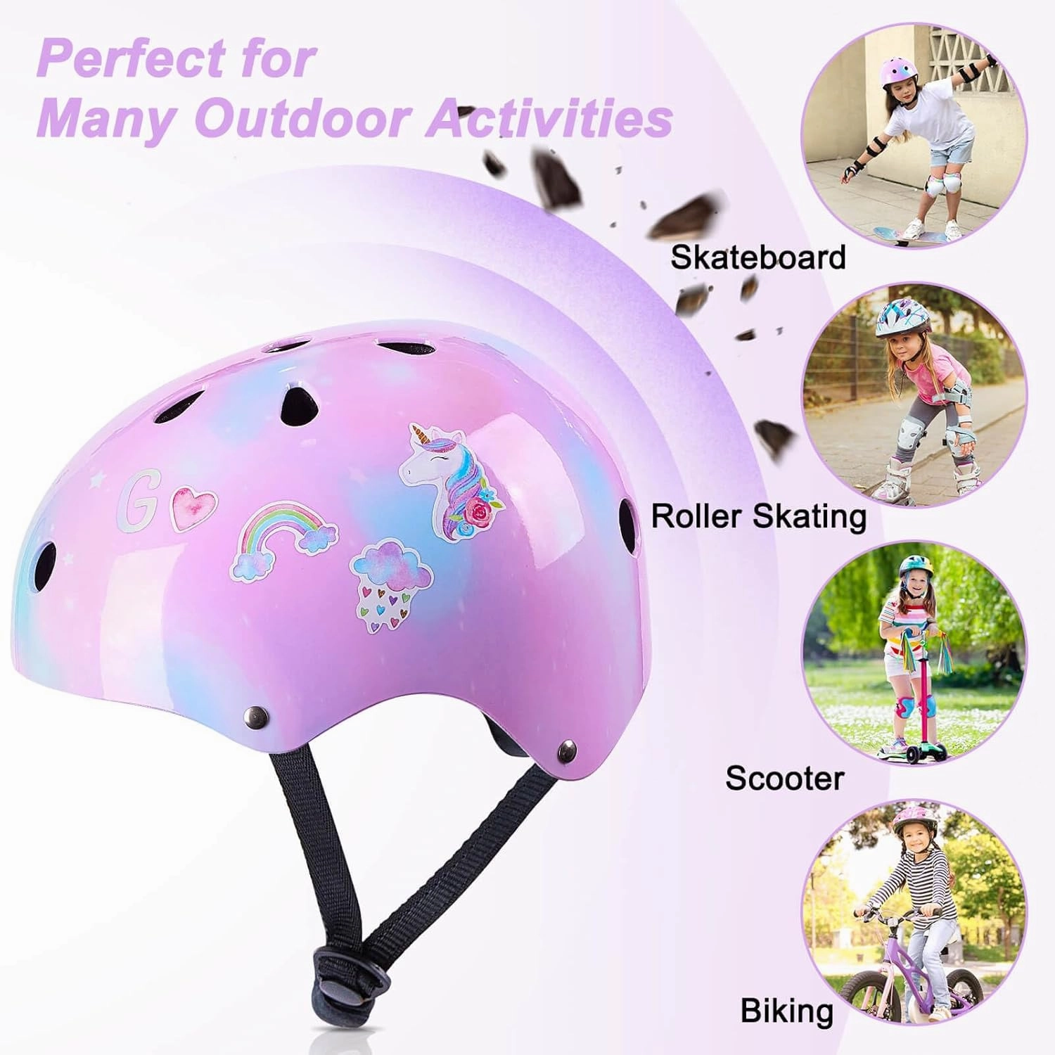 Kids Helmet, Toddler Bike Helmet with DIY Stickers Unicorn Knee Pads and Elbow Pads Set Adjustable Protective Gear Set for Girls Age 3-5-8 Years fit Roller Skates, Bicycle, Skateboarding, Scooter