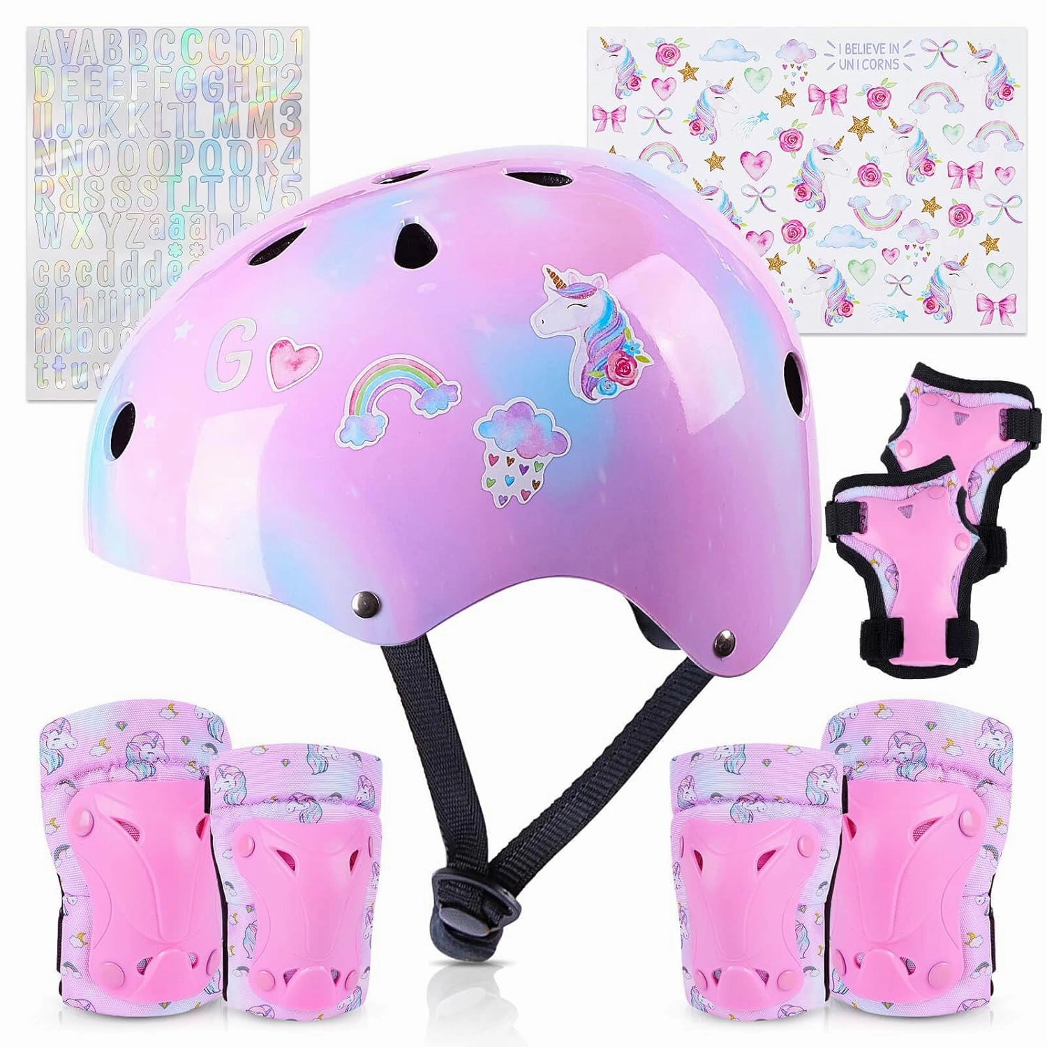 Kids Helmet, Toddler Bike Helmet with DIY Stickers Unicorn Knee Pads and Elbow Pads Set Adjustable Protective Gear Set for Girls Age 3-5-8 Years fit Roller Skates, Bicycle, Skateboarding, Scooter