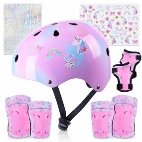 Kids Helmet, Toddler Bike Helmet with DIY Stickers Unicorn Knee Pads and Elbow Pads Set Adjustable Protective Gear Set for Girls Age 3-5-8 Years fit Roller Skates, Bicycle, Skateboarding, Scooter
