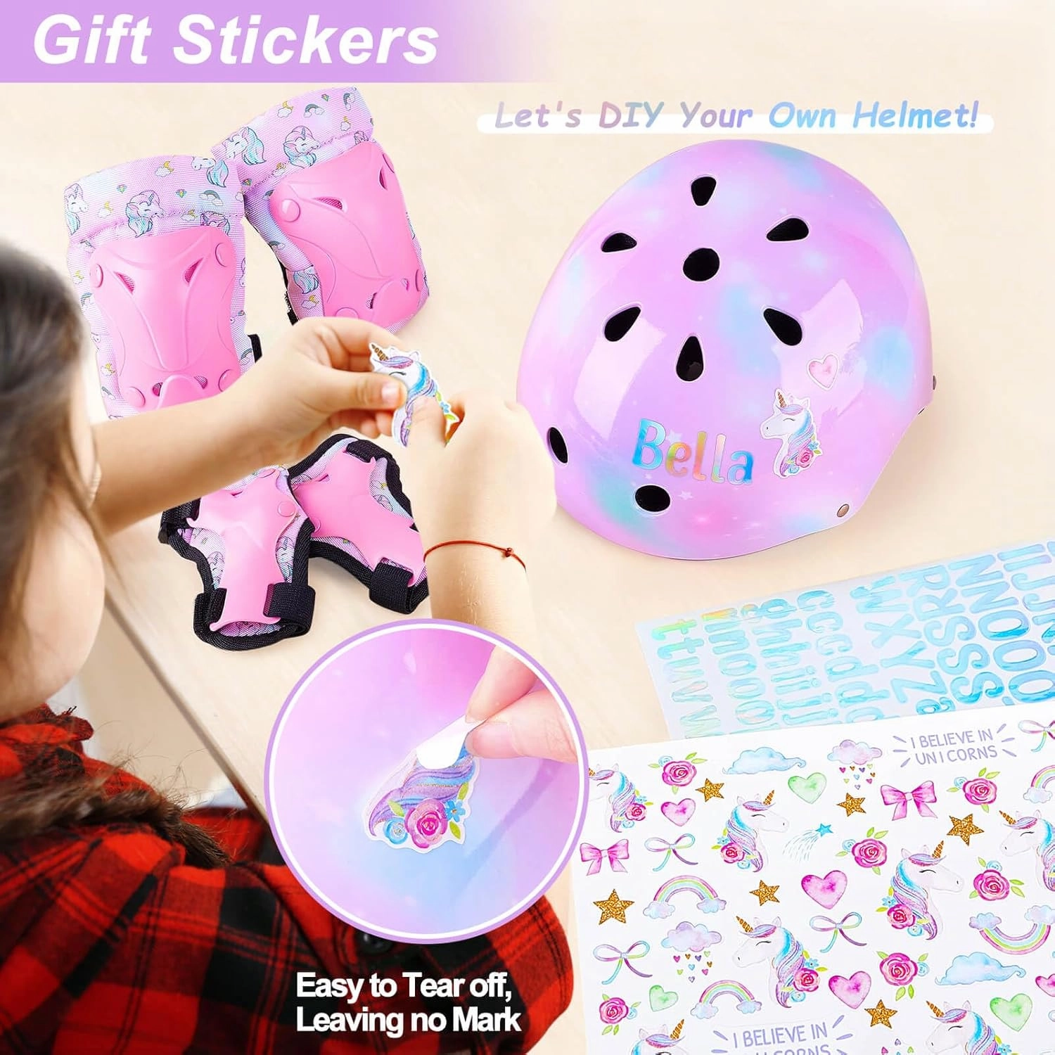 Kids Helmet, Toddler Bike Helmet with DIY Stickers Unicorn Knee Pads and Elbow Pads Set Adjustable Protective Gear Set for Girls Age 3-5-8 Years fit Roller Skates, Bicycle, Skateboarding, Scooter
