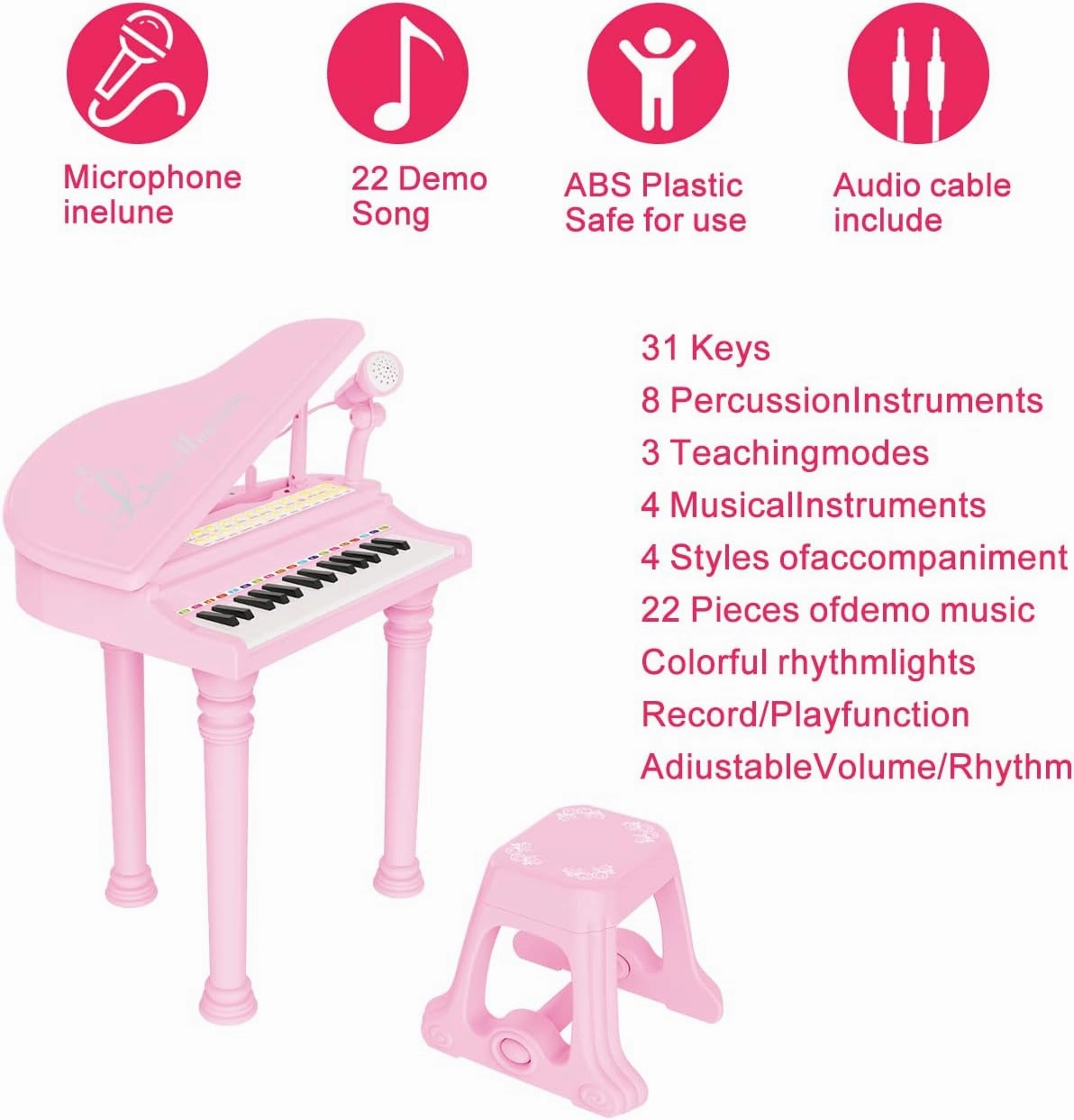 Kids Piano Keyboard Toy, Toddler Electronic Musical Instrument Educational Toy with Microphone, Multiple Sounds, Record Playback, Lights & Stool, Birthday Gift for 3 4 5 6 7 Years Old Girls
