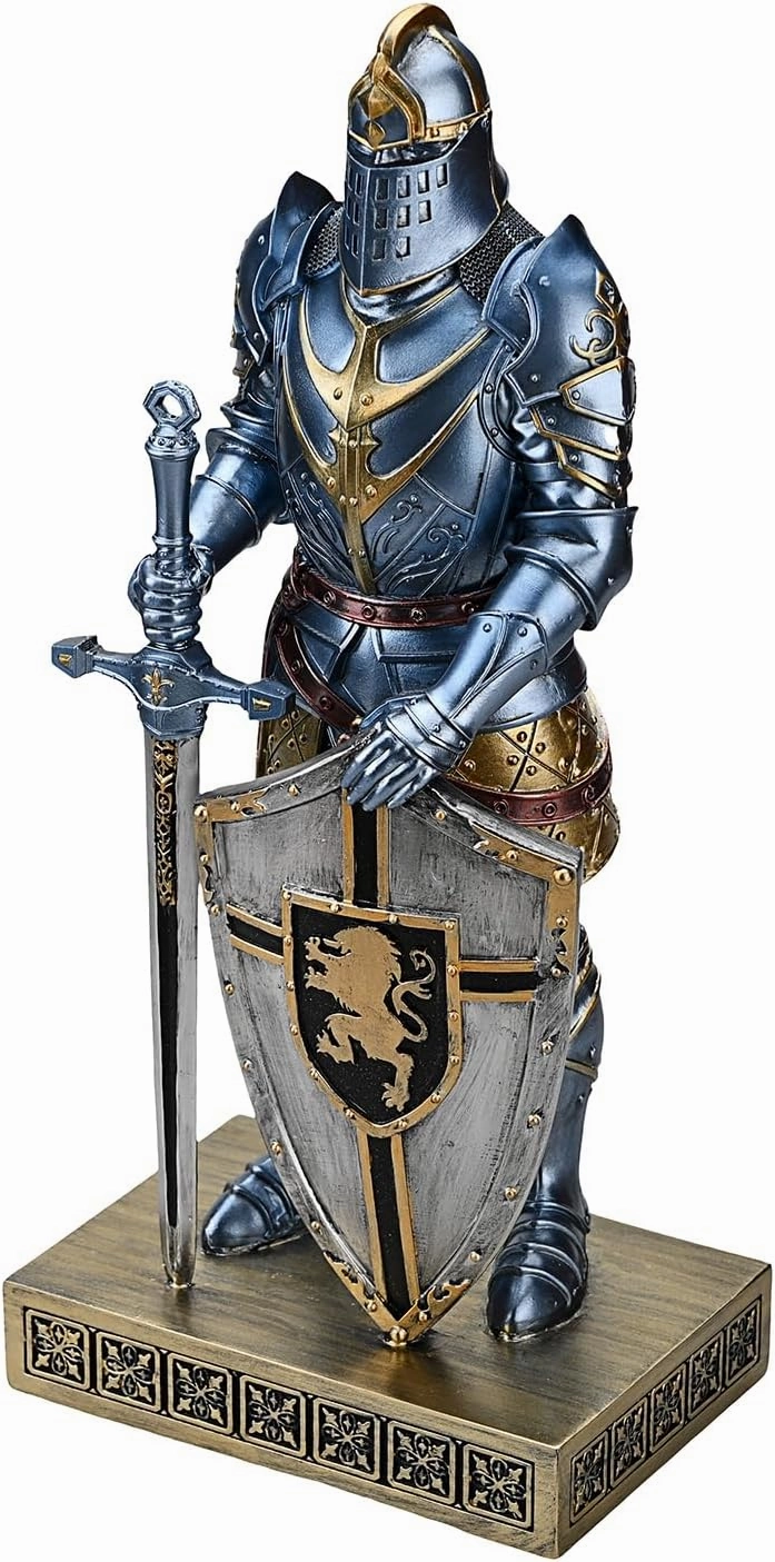 King's Guard Knight with Shield Desktop Accessories Statue Medieval Knight Ornament Paperweight for Office and Home Top Collection as Gift 12.60 Inch (Blue)