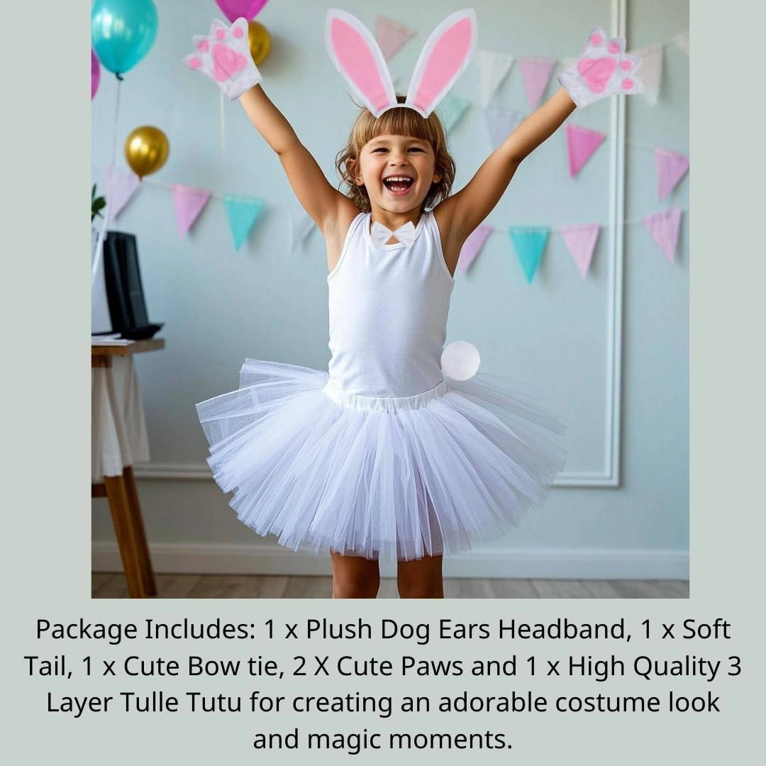 Kirei Sui Kids Costume Bunny Rabbit Dress Up Animal Ears Headband Bowtie Tail Tutu Paws Set