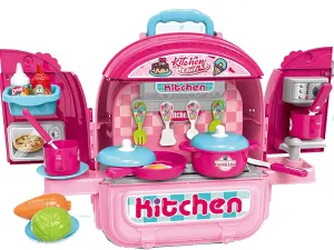Kitchen Chefs Backpack Toy — 3 in 1 Kitchen Playset, Dollhouse & Carry Case with Cooking Accessories, Utensils & Doll, Portable Pretend Kit for Girls Ages 3 