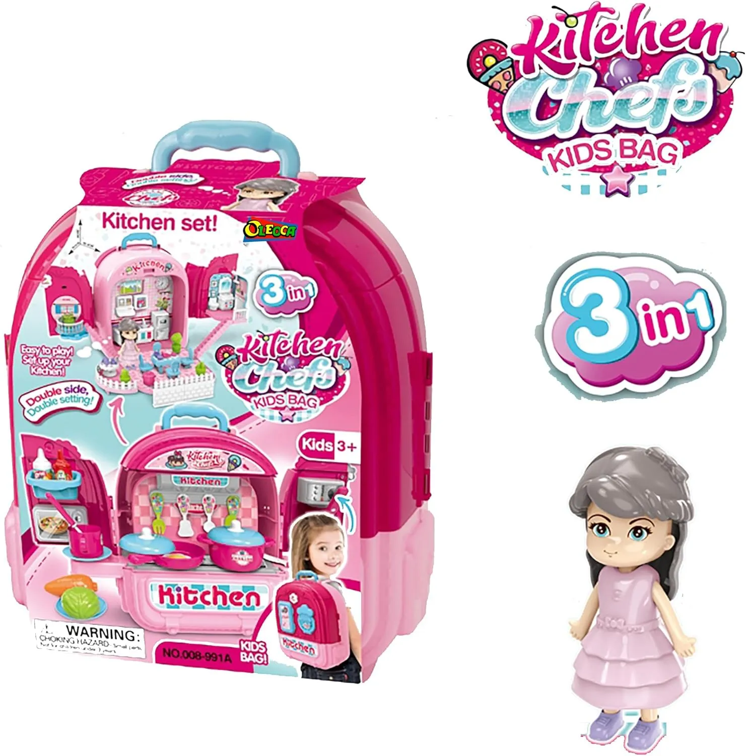 Kitchen Chefs Backpack Toy — 3 in 1 Kitchen Playset, Dollhouse & Carry Case with Cooking Accessories, Utensils & Doll, Portable Pretend Kit for Girls Ages 3 