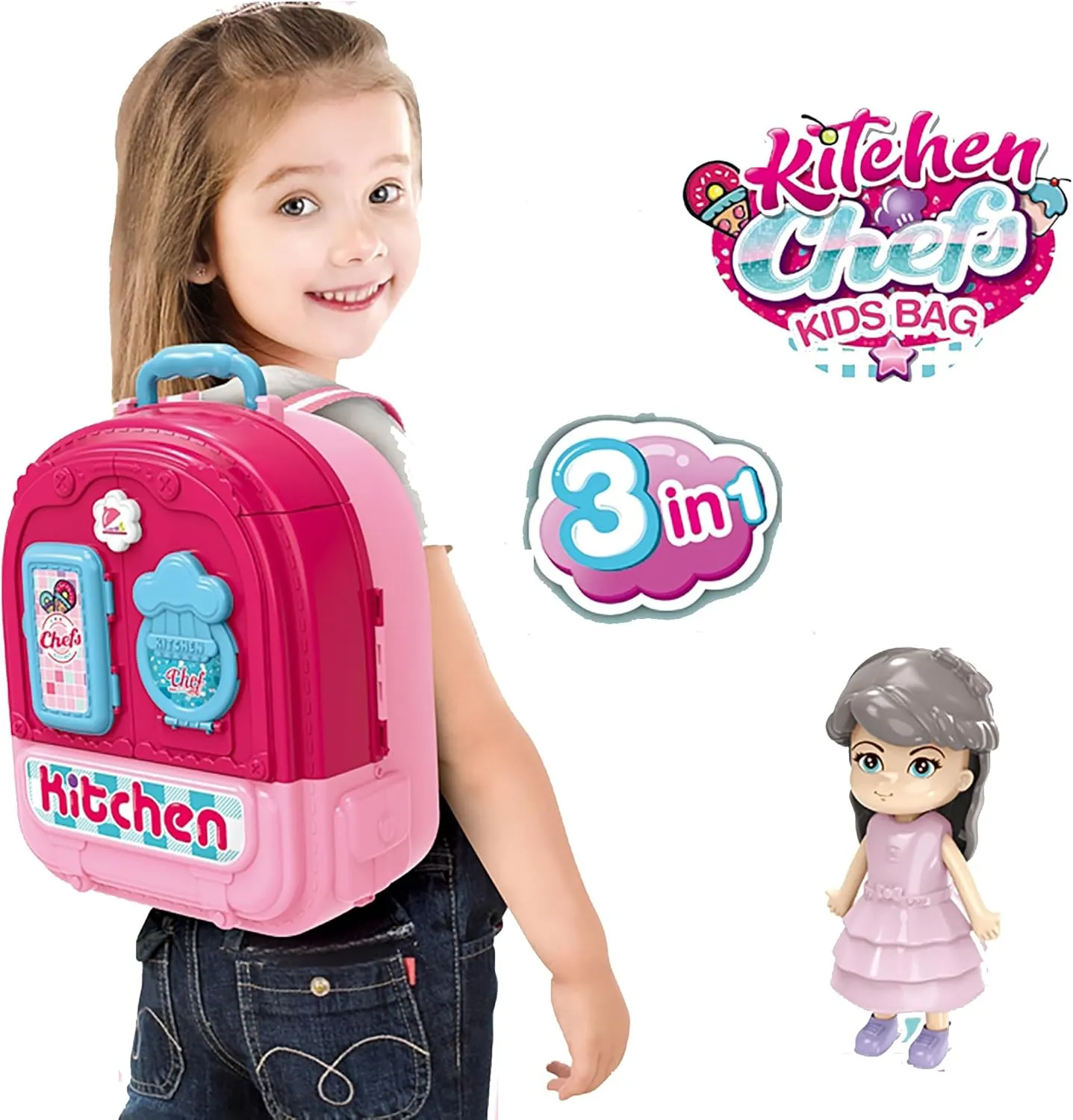 Kitchen Chefs Backpack Toy — 3 in 1 Kitchen Playset, Dollhouse & Carry Case with Cooking Accessories, Utensils & Doll, Portable Pretend Kit for Girls Ages 3 