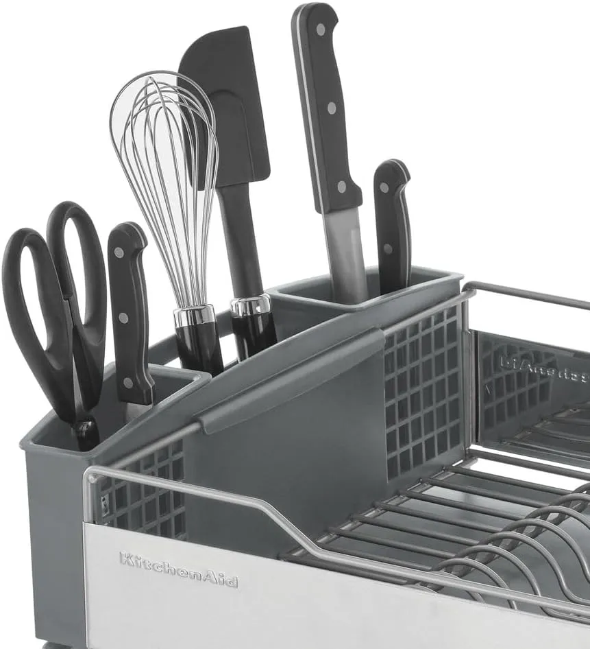 KitchenAid Large Capacity Full Size Rust Resistant Dish Rack with Angled Drain Board and Removable Flatware Caddy, Light Grey