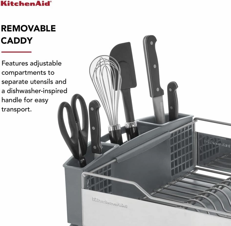 KitchenAid Large Capacity Full Size Rust Resistant Dish Rack with Angled Drain Board and Removable Flatware Caddy, Light Grey