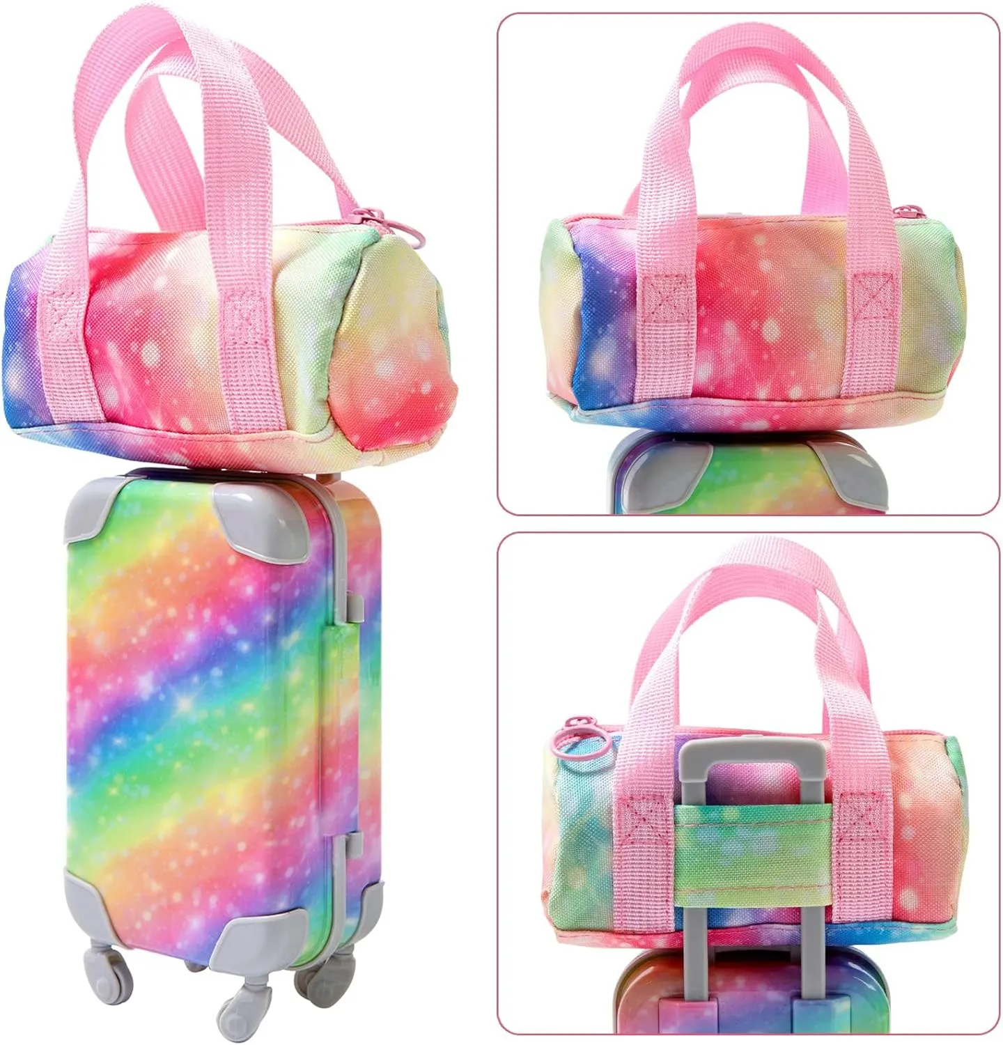 K.T. Fancy 23 PCS American 18 Inch Doll Accessories Suitcase Luggage Travel Set - Rainbow Suitcase Rainbow Bag Camera Computer Cell Phone Neck Pillow Eye Mask Glasses Gift for Christmas (NO Doll)