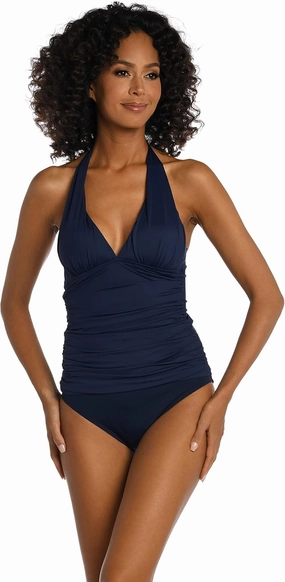 La Blanca Women's Island Goddess Rouched Front Halter Tankini Swimsuit Top, Indigo, 12