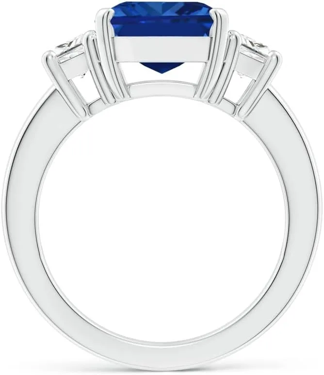 Lab-Grown Emerald-Cut Blue Sapphire and Diamond Prong Settings Women's Three Stone Engagement & Wedding Ring 14k White Gold Plated 925 Sterling Silver 4 to 15