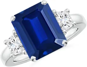 Lab-Grown Emerald-Cut Blue Sapphire and Diamond Prong Settings Women's Three Stone Engagement & Wedding Ring 14k White Gold Plated 925 Sterling Silver 4 to 15