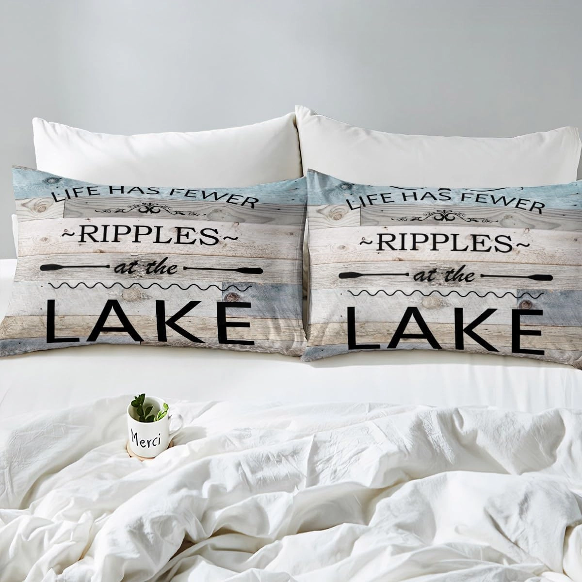 Lake Life Fitted Sheet Queen Size,Inspirational Quotes Print Bedding Set with 2 Pillowcases,Lakeside Cabin Fishing Camping Breathable Sheet Set 3pcs for Teens Adult