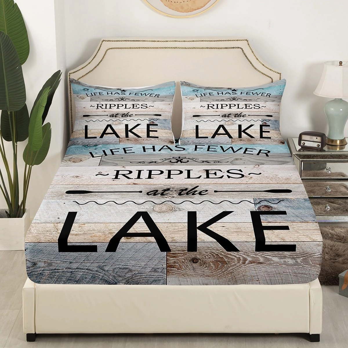 Lake Life Fitted Sheet Queen Size,Inspirational Quotes Print Bedding Set with 2 Pillowcases,Lakeside Cabin Fishing Camping Breathable Sheet Set 3pcs for Teens Adult