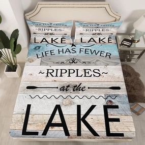 Lake Life Fitted Sheet Queen Size,Inspirational Quotes Print Bedding Set with 2 Pillowcases,Lakeside Cabin Fishing Camping Breathable Sheet Set 3pcs for Teens Adult