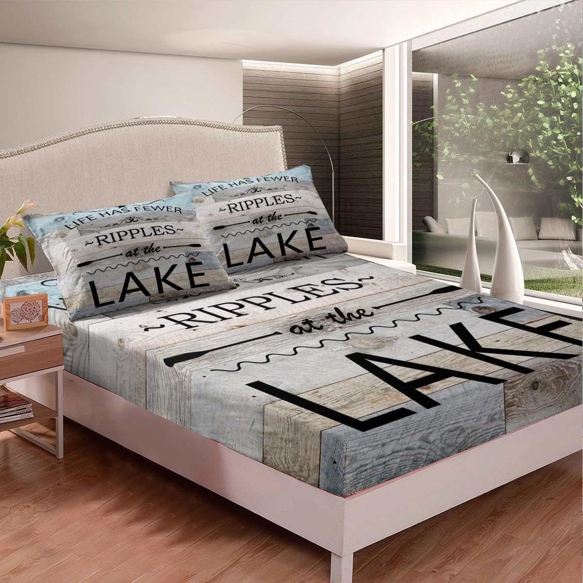 Lake Life Fitted Sheet Queen Size,Inspirational Quotes Print Bedding Set with 2 Pillowcases,Lakeside Cabin Fishing Camping Breathable Sheet Set 3pcs for Teens Adult