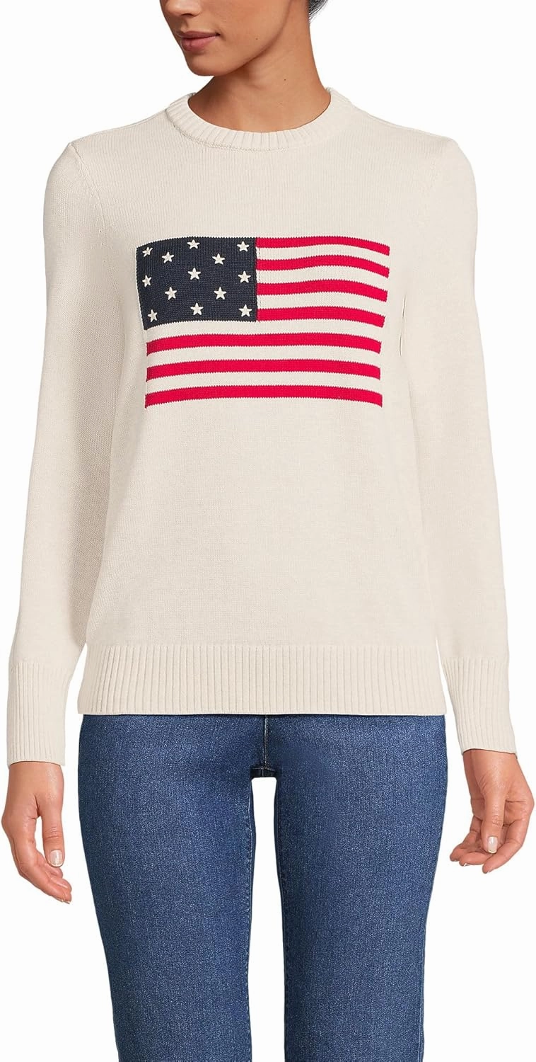 Lands' End Women's Cotton Drifter Crew Neck Sweater - Embroidered
