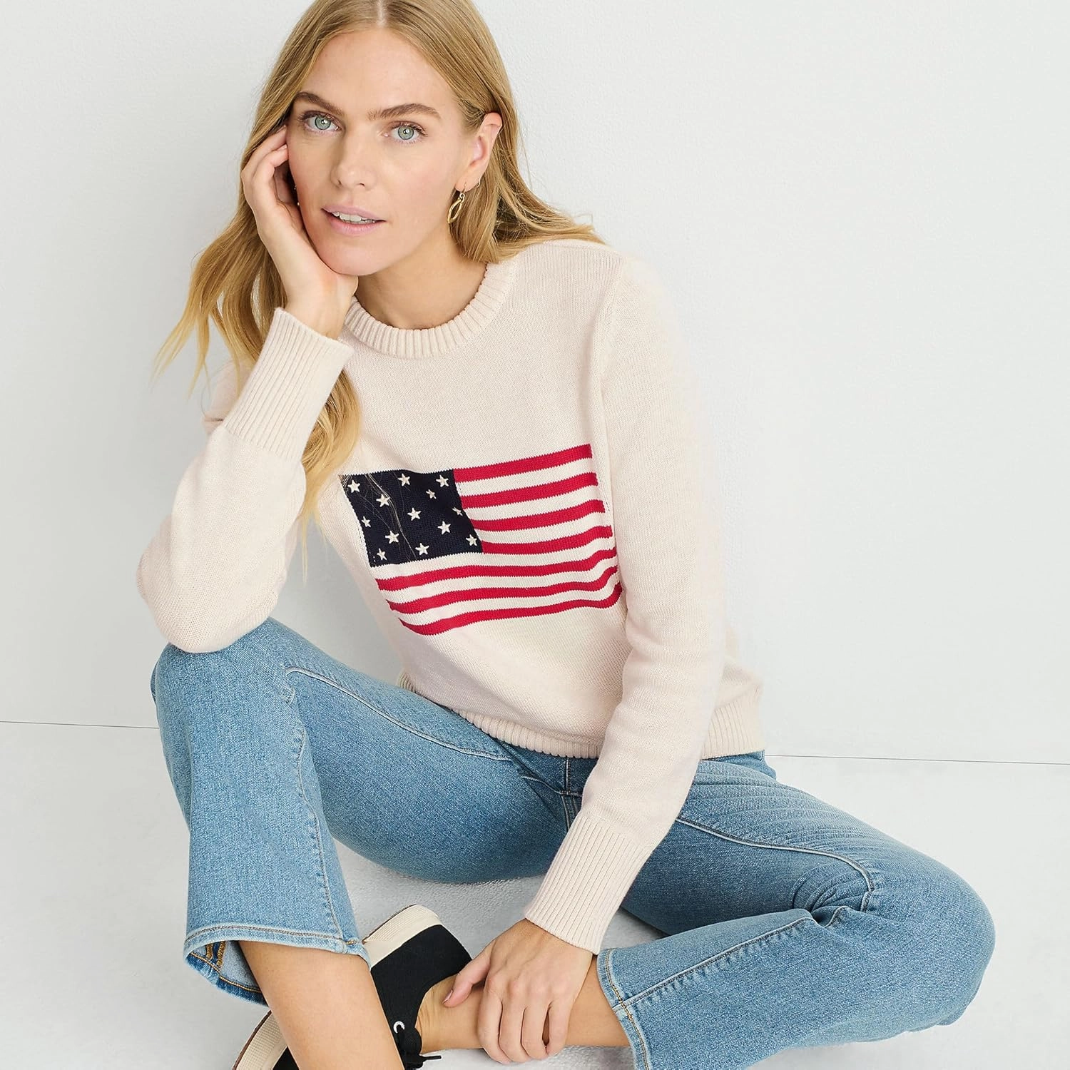 Lands' End Women's Cotton Drifter Crew Neck Sweater - Embroidered