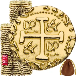 Large Metal Pirate Coins – 100 Gold Treasure Coin Set, Metal Replica Spanish Doubloons for Board Games, Tokens, Toys, Cosplay – Realistic Money Imitation for Treasure Chest - Size 1.18"