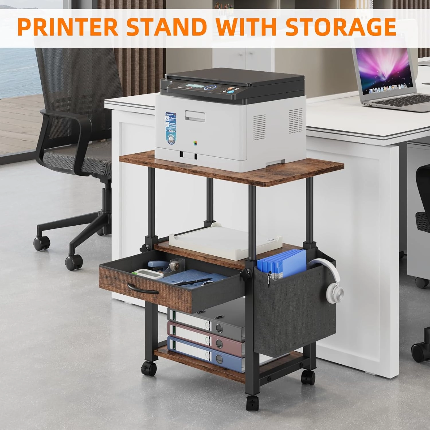 Large Printer Stand with Storage Drawer and Side Bag, 3-Tier Height Adjustable Table for Home Office, Fits Heat Press/Laser/3D Printer (Rustic Brown)