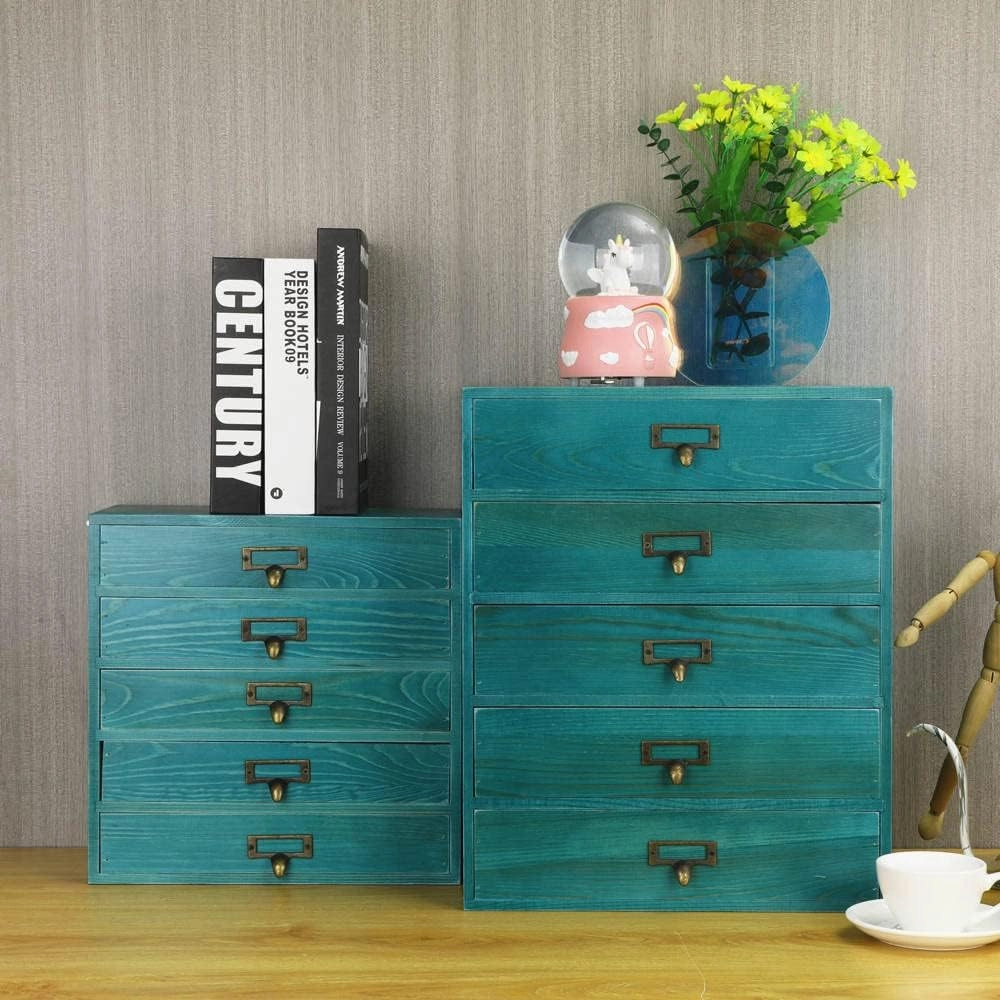 Large Wooden Drawers Rustic Desk Organizers and Accessories Wooden Storage Dox with Drawer Paper Storage Drawers Wood File Organizer Library Card Catalog Cabinet Apothecary Cabinet (L-BLUE)