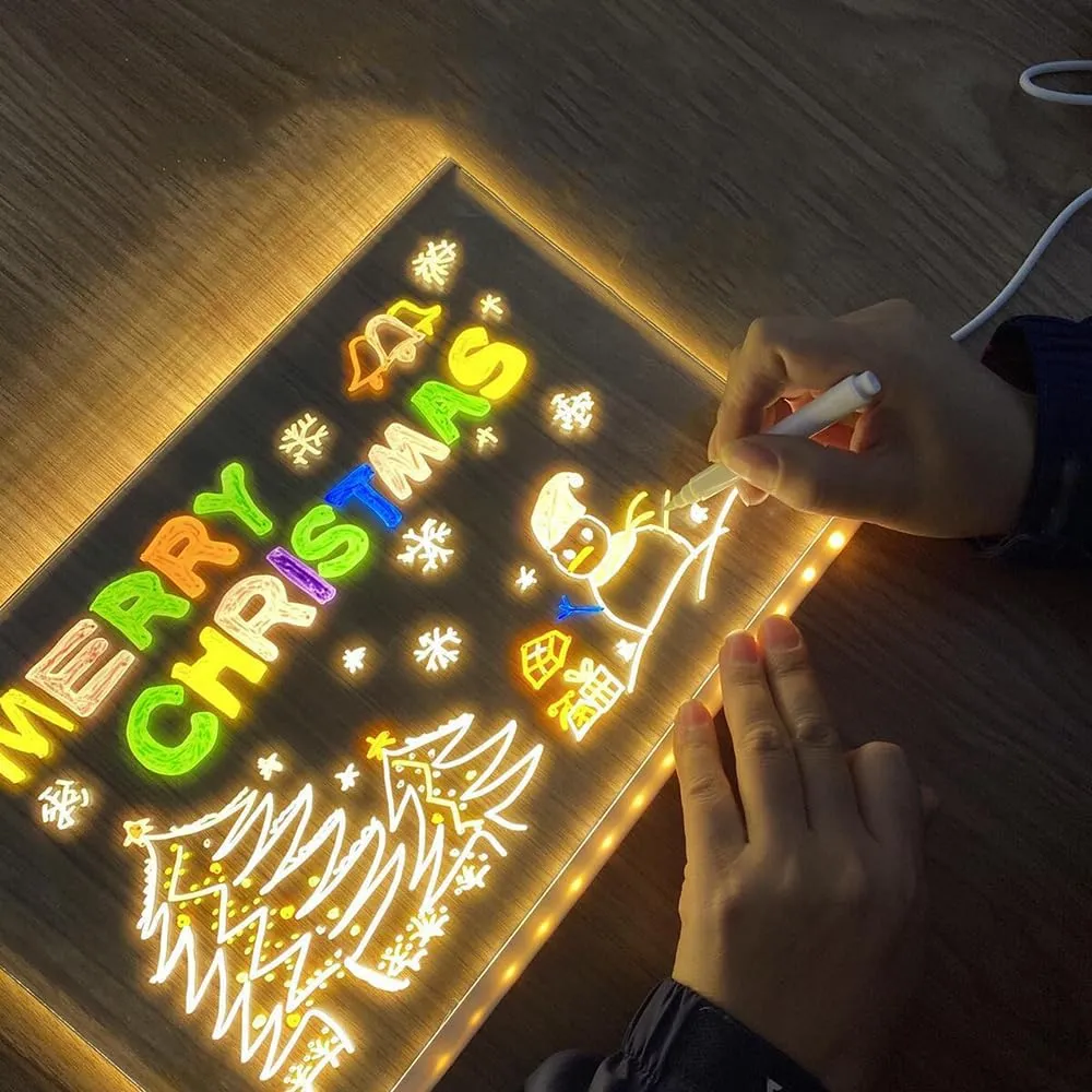 LED Note Board with Colors, LED Acrylic Message Board, Acrylic Dry Erase Board with Light, Light Up Dry Erase Board with Stand and 7 Pens, LED Drawing Board for Kids, Christmas Gift (30 * 20cm)