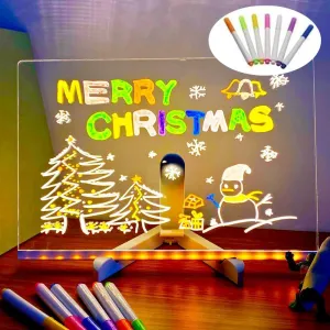 LED Note Board with Colors, Lighted Acrylic Dry Erase Board, Acrylic Message Board, Illuminated Acrylic Sticky Note Board with Colors Notepad with Adjustable Stand and 7 Pens (5.9 X 5.9 inch)