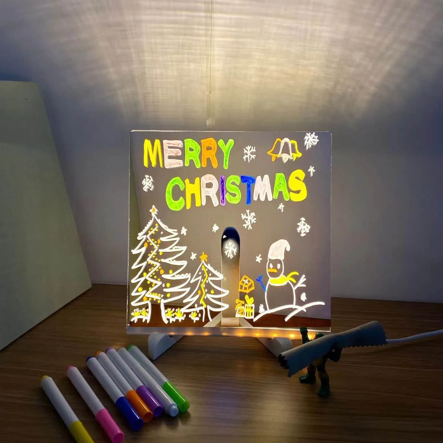 Led Note Board with Colors, Lighted Acrylic Led Writing Board, Light Up Drawing Board with Adjustable Stand and 7 Pens,Acrylic Dry Erase Board with Light for Home & Business Message Board (7.9 * 7.9)