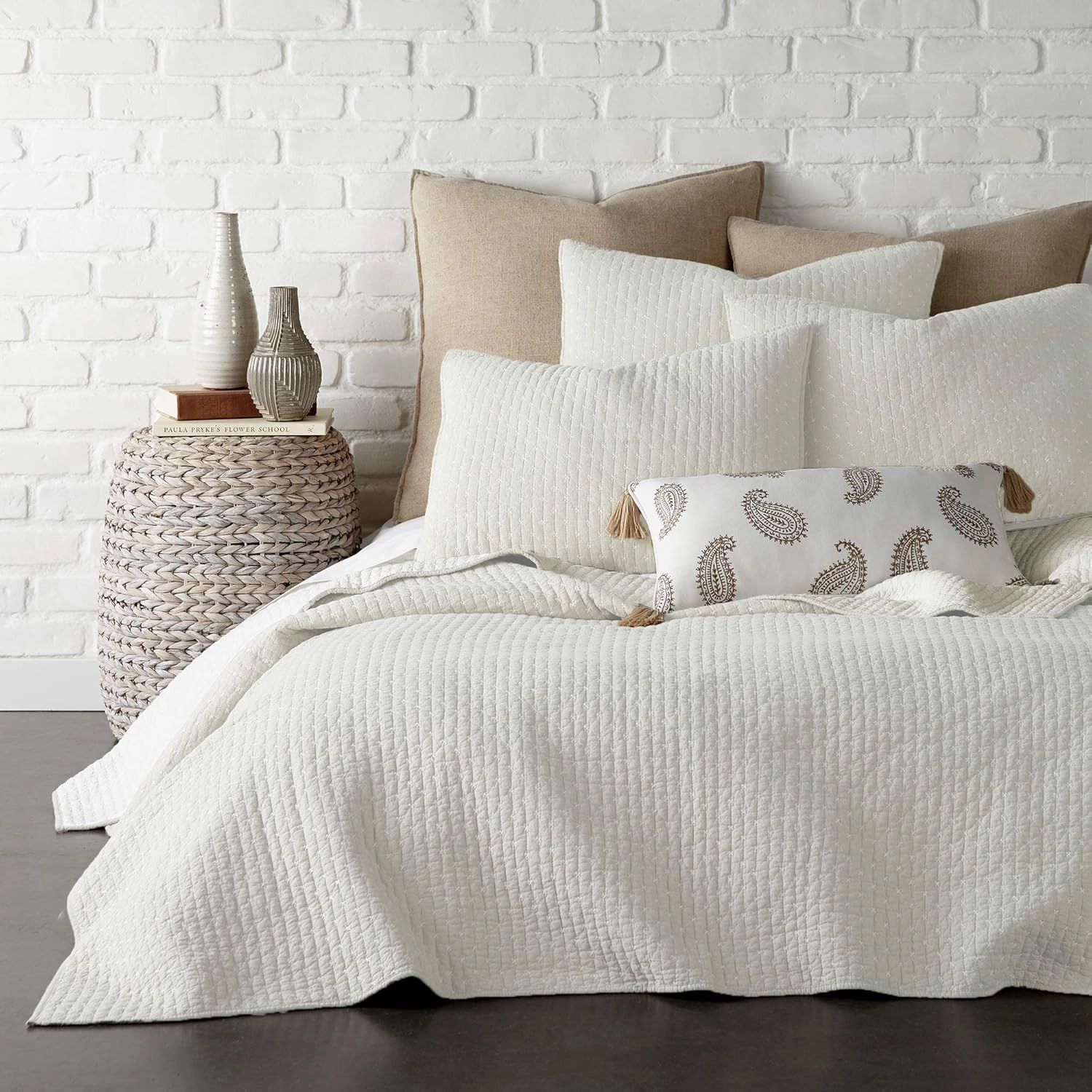 Levtex Home - Cross Stitch Cream - Euro Shams Set of Two - (26x26in.), No Insert - Cross Stitched Pattern - Cotton Fabric