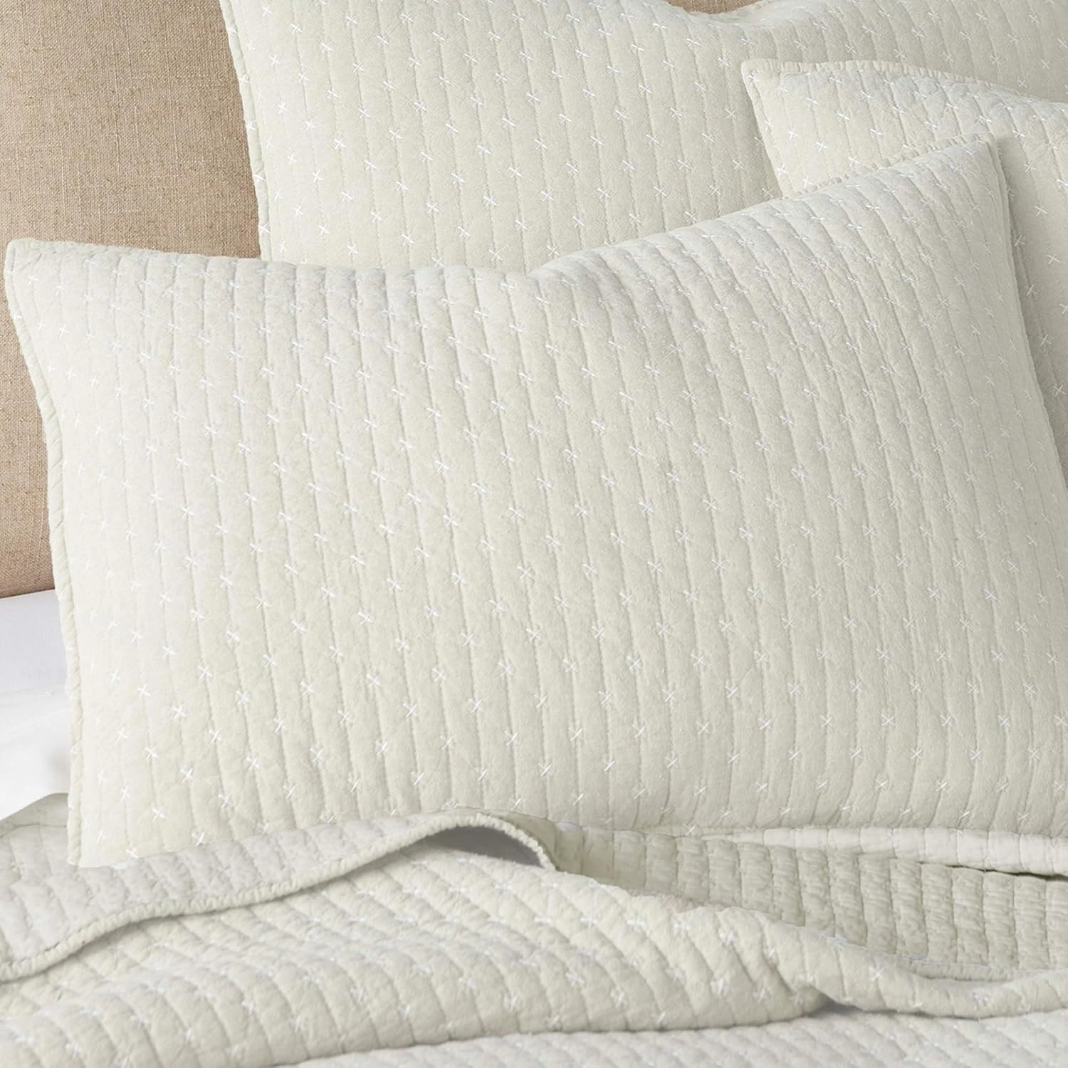Levtex Home - Cross Stitch Cream - Euro Shams Set of Two - (26x26in.), No Insert - Cross Stitched Pattern - Cotton Fabric
