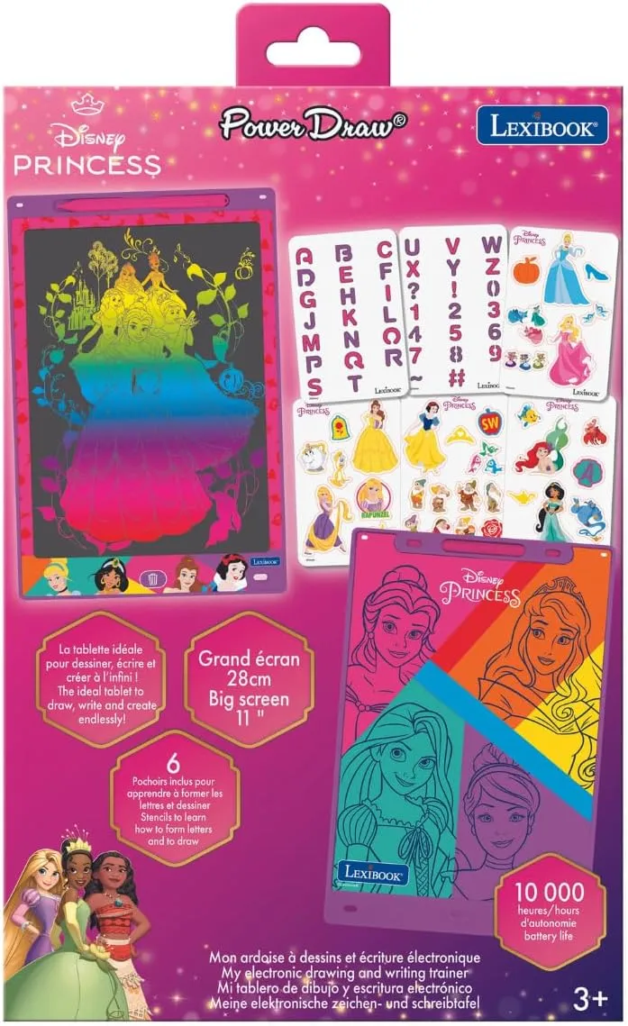 Lexibook, Disney Princess, Magic Slate, Arts and Crafts Toy for Girls and Boys, Multicoloured Drawings, 11" Screen, 1 Stylus and 6 Stencils Included, Pink, CRT10DP